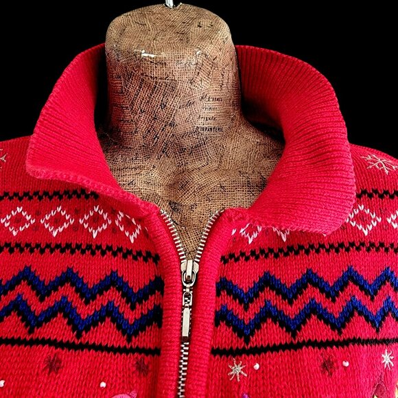 Vintage Red Christmas Snowman Knit Cardigan Sweater Womens Zip Up Holiday Winter - Picture 2 of 16